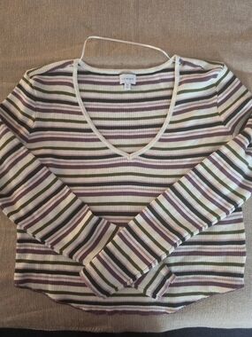 La Hearts Cream, Purple & Olive Striped V-Neck Long Sleeve Top